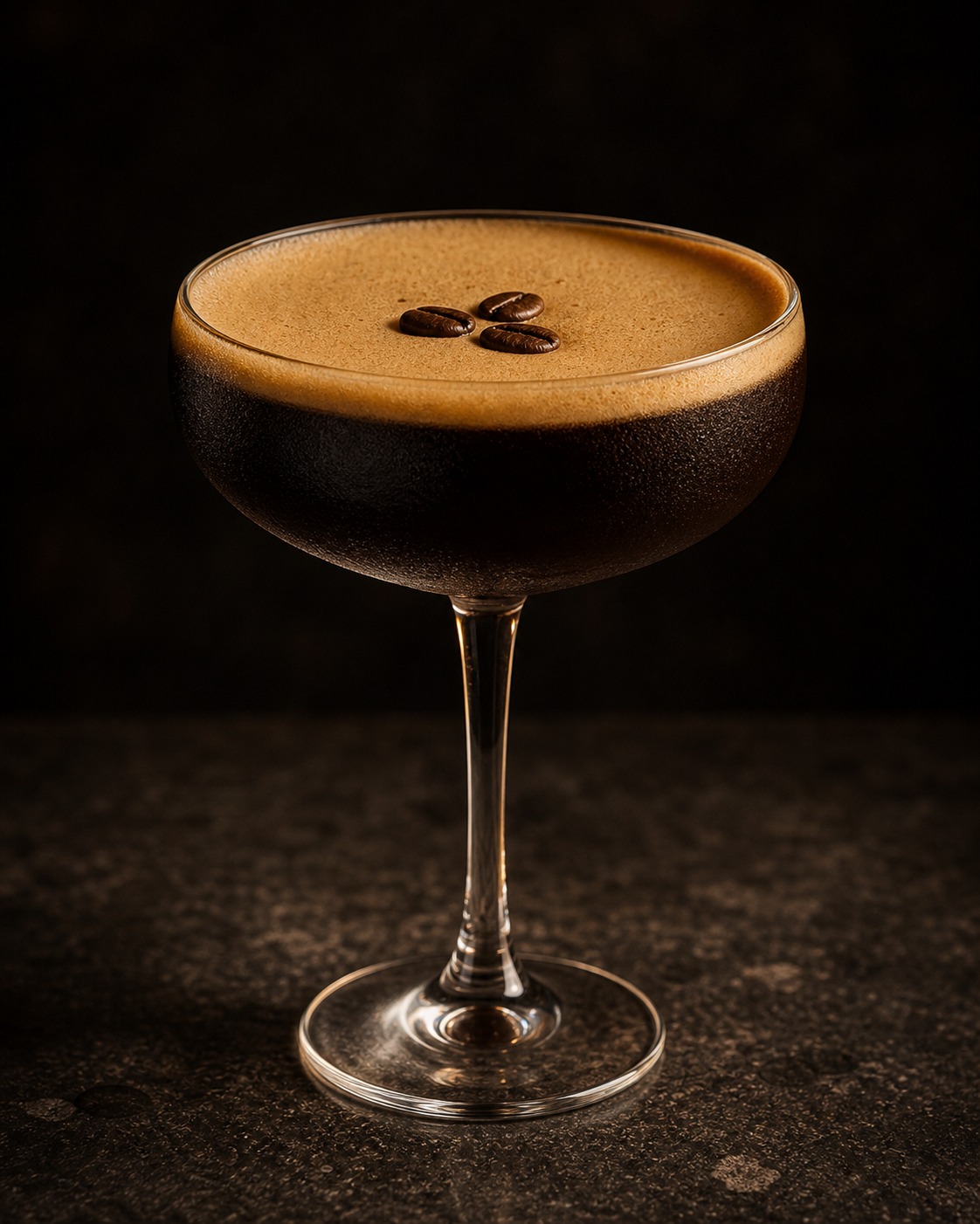 Coupe glass of coffee martini with a thick crema head and three coffee beans on 