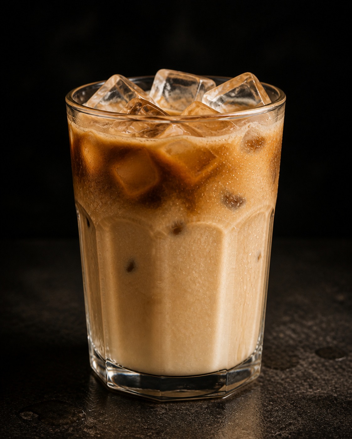 Tall glass of pale, milky Vietnamese iced coffee with ice cubes on a dark surfac